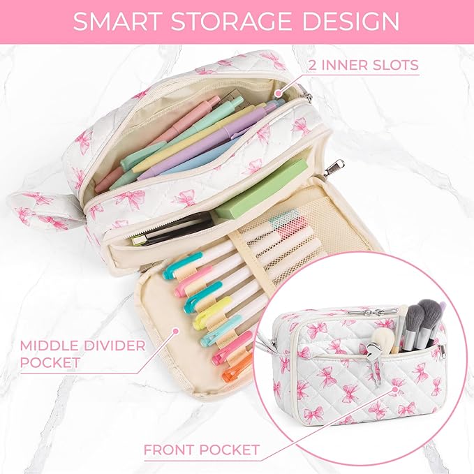 WOBAGMEN Quilted Pencil Pouch for Girls Women, Large Pencil Case Pouch with Compartments Cute Aesthetic Pencil Case Organizer, Floral Pencil Bag for School Supplies (Cute Pink Bow)