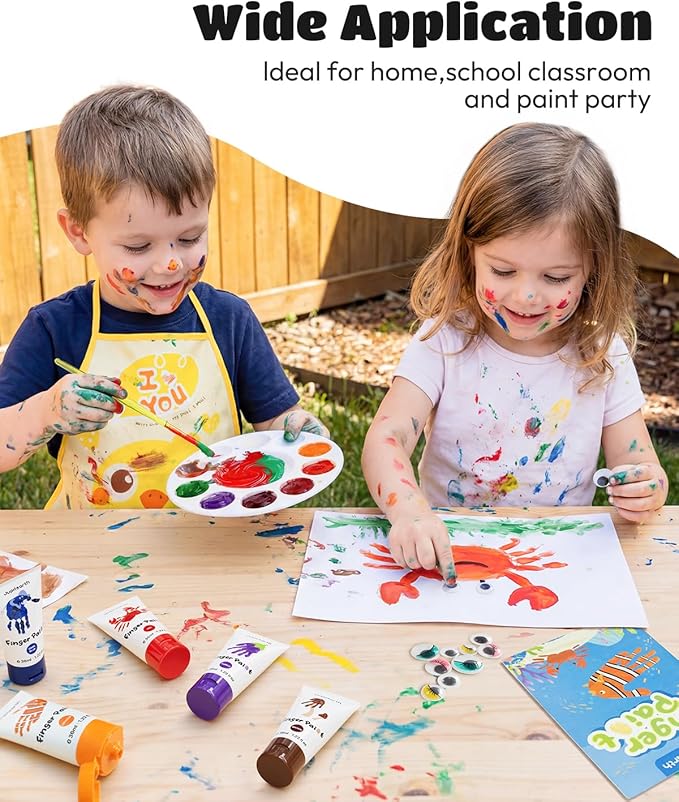 JUPITEARTH 28 PCS Finger Paint, Baby Safe Paints for Hand and Feet, Washable Paint for Kids, Non-Toxic 12 Vibrant Colors (1.22fl oz/36ml ) , Palette, Apron, Brush, Eye Stickers, Safe Preschool Art Supplies for Kids
