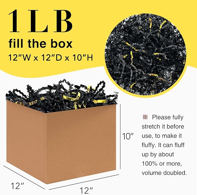 1LB Crinkle Cut Paper Shred Filler for Gift Box Bag and Basket On Holidays(Black&Gold)