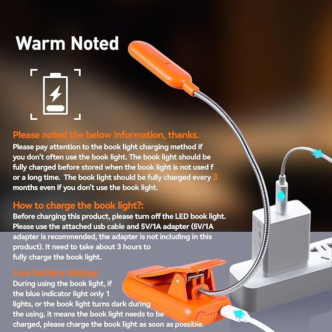 VAVOFO Rechargeable Book Light, Blue Light Blocking, Amber 1600K Clip On Reading Light, Eye Care 7 LEDs Kids Book Light for Reading in Bed with Power Indicator for Bookworms (Neon Orange)