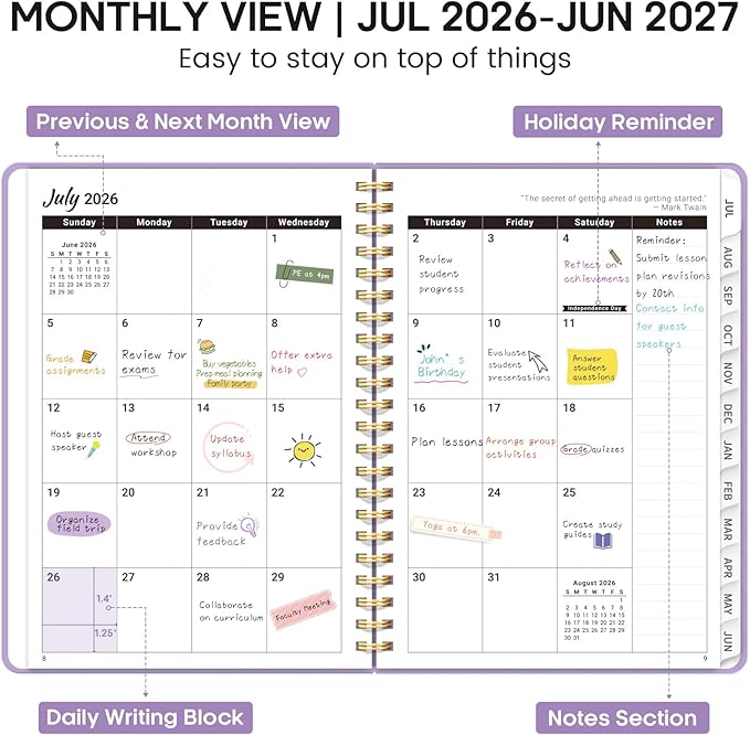 Academic Planner 2026-2027, Weekly and Monthly Calendar Planner Book, July 2026 – June 2027, Hardcover Organizer with Tabs, Perfect for Teachers, Students, Women & Men, A5 (6.4" x 8.5") - Lavender