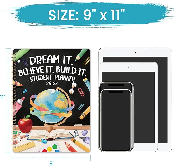 Student Planner 2026-2027 - School Planner 2026-2027 with Planner Stickers & Colorful Tabs, Aug. 2026 - Jun. 2027, 8.5" x 11", Monthly and Weekly School Planner, Academic Planner with Motivational Quotes - Globe Planner