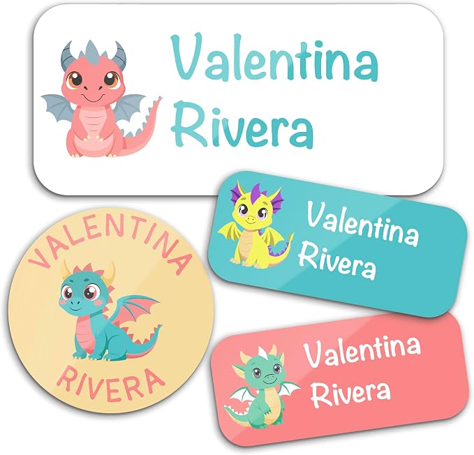 Personalized Waterproof Name Labels for Kids | Optional Packs 50, 150, 230 Labels | Custom Name Stickers for Kids' Clothing Tag, Water Bottle, Lunch Box, Customize Kid Name Label for Daycare Dragons
