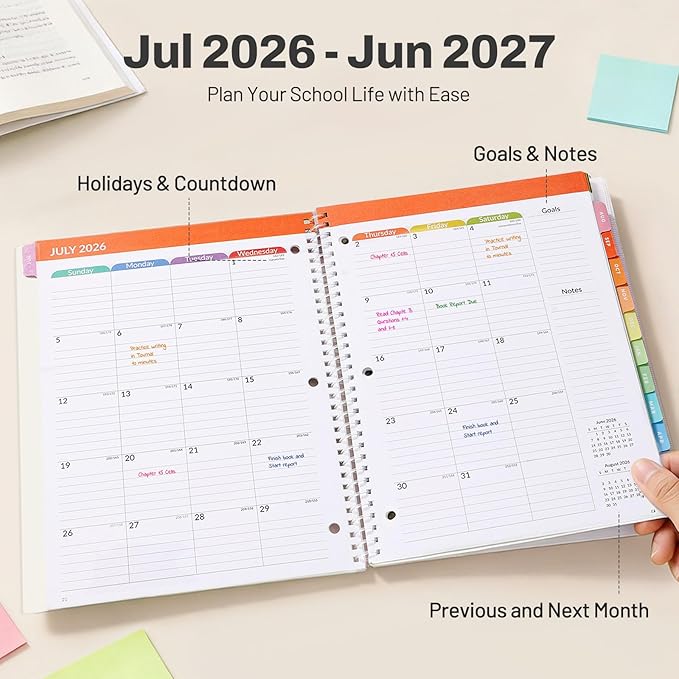 Student Planner 2026-2027, SUNEE Academic Weekly & Monthly Plan Book, Jul. 2026 - Jun. 2027, 8.5"×11" School Planner, Lesson Plan Book with Week's Goals, Bookmark, Monthly Tabs, 3-Hole Punched, Pink