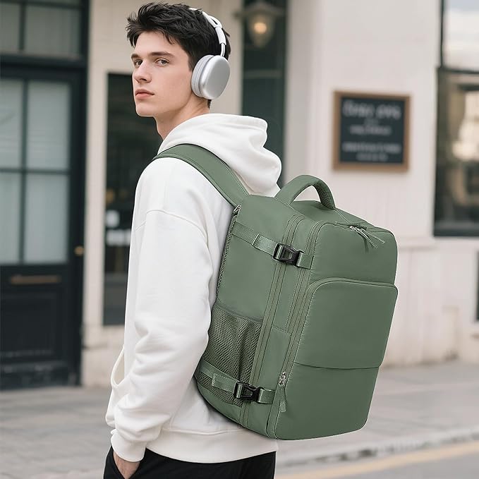 Sinaliy Personal Item Backpack, Carry on Travel Backpack with Multi-Pockets, Waterproof Casual College 16inch Laptop Backpack for Men Women, Army Green