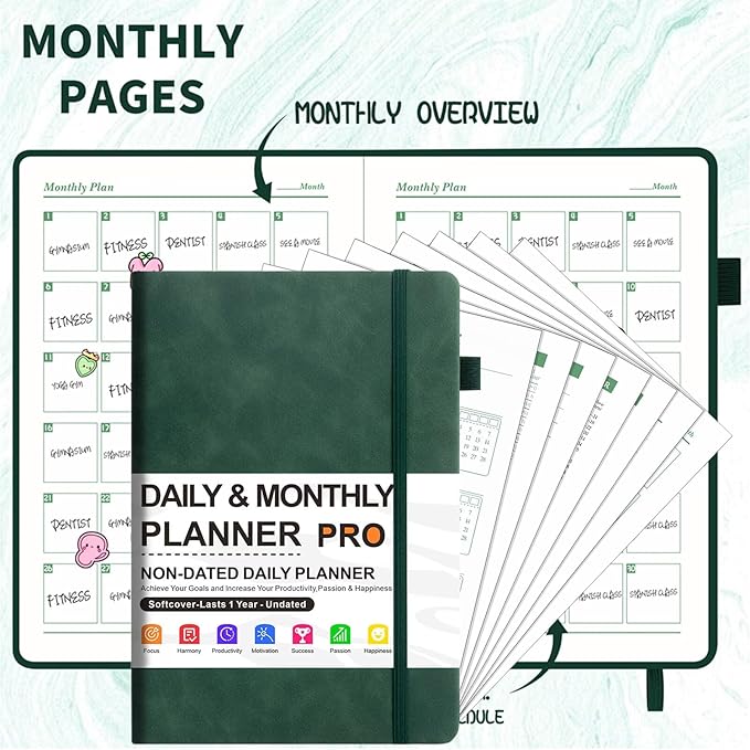 416-Page Daily & Weekly Planner Notebook – Thick 100gsm Paper Productivity Journal with 200 Index Stickers, Hardcover B5 Organizer for Office & Study (Green)