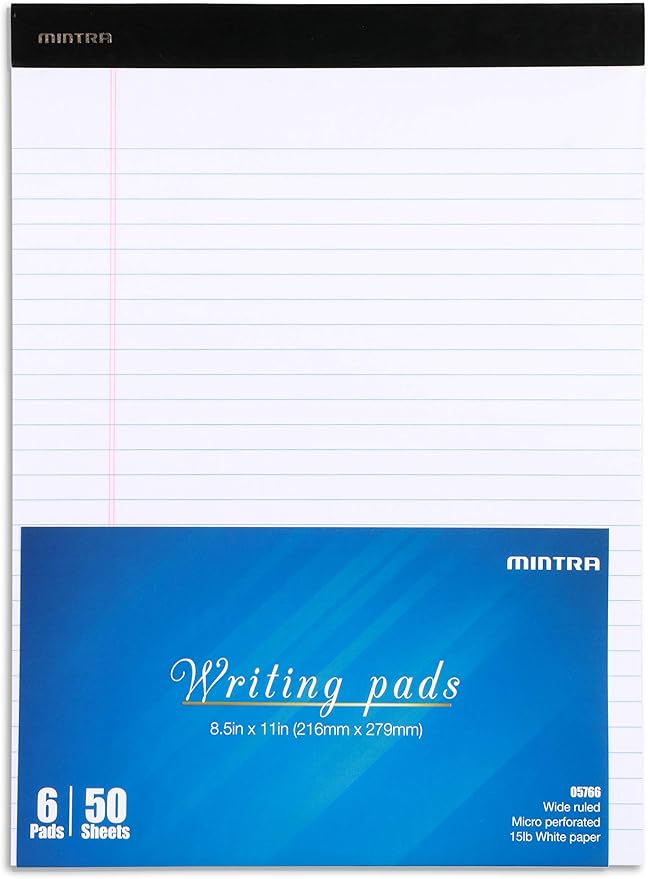 Mintra Office White Legal Pads – Ruled Notepads and Micro-Perforated Sheets, Ideal for Writing, Note-Taking & Creativity, Office, or Professional Use, Basic Pad 6 pack, 8.5"x11" (Wide Ruled)