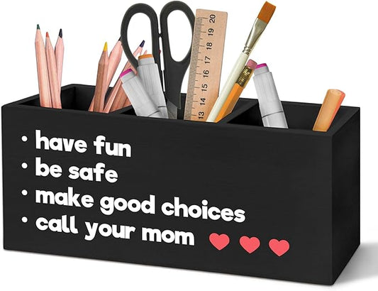 Funny Call Your Mom Pen Holder Organizer for Desk Accessories, Gifts for College Freshman Students Wooden Box Sign Desk Decorations for Classroom College Dorm Decor, Back to School Gifts
