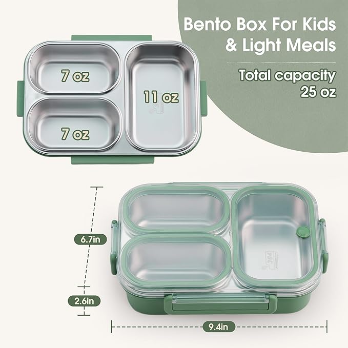 Kabbas Stainless Steel Bento Box Kids & Adults - 25 oz Leakproof Lunch Box with 3 Compartments, Premium 304 Stainless Steel Lunch Box for Kids, Dishwasher Safe, Suitable for School, Office, Outside