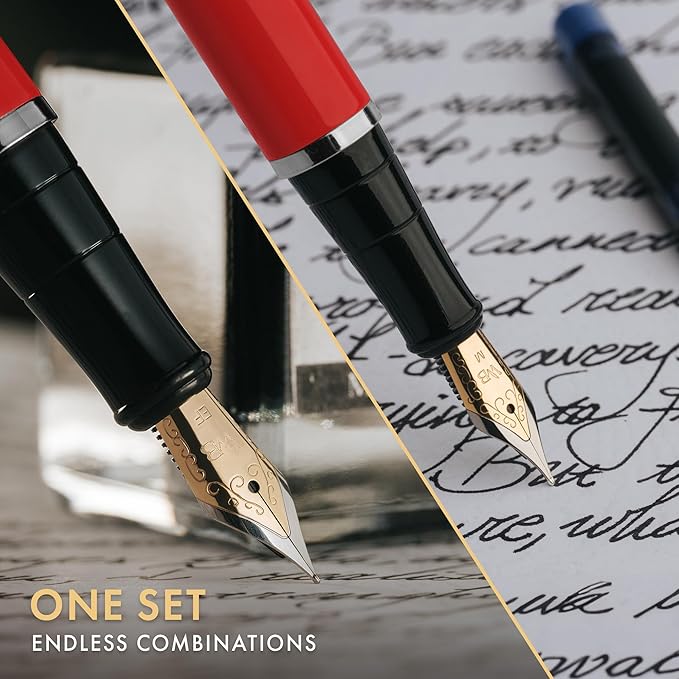 Wordsworth & Black Fountain Pen Set,18K Gilded Medium and Extra Fine Nib,25ML Black Ink Bottle,6 Ink Cartridges,Refill Converter, Gift Box, Smooth Writing Pens [Red Chrome],Gift Set for Men and Women
