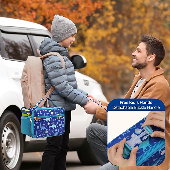 Bagseri Kids Lunch Bag Boys - Thermal Insulated Lunch Box Tote with Water Bottle Holder, Reusable Leak-Proof Kids Lunch Box for Daycare & School, Blue Dinosaur (Containers Not Included)