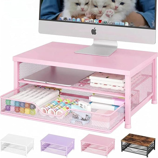 OPNICE Computer Monitor Stand Riser, Desk Organizer with Drawer, Printer & Laptop Stand, Office Desk Accessories & Workspace Desktop Organizers Storage for Office Supplies(Pink)
