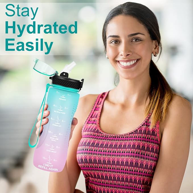 24 OZ Motivational Kids Water Bottle With Time Marker,Leak Proof,Straw Lid, Tritan BPA Free Sports Water Bottle Light green pink(1 Lid)