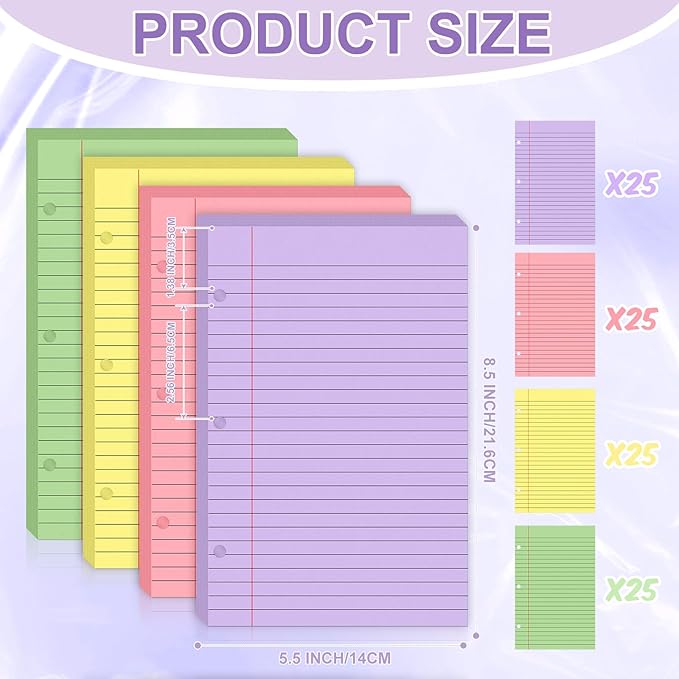 100 Sheets Mini Binder Loose Leaf Paper 5.5 x 8.5 Small Binder Filler Paper Lined College Ruled Paper for Mini 3 Ring Binder 3 Hole Punched Notebook Paper Pocket Folders for School Supplies (100)