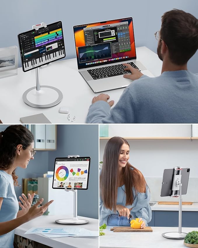 SAIJI iPad Stand for Desk - Tablet Holder Extra-Height 360° Rotating Adjustable Aluminum Alloy Cradle for 4.7"-15.6" iPhone Samsung Kindle Portable Monitor (Silver)