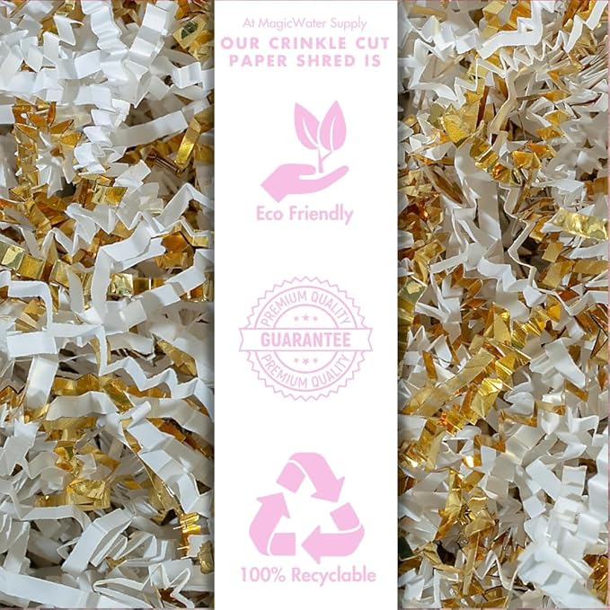 MagicWater Crinkle Cut Paper for Gift Baskets - 5LB - White & Gold - Perfect for Shredded Paper Filler, Basket Filler, Gift Boxes, Bridesmaid Gifts, Christmas Stuffers & More – Ideal for All Occasions