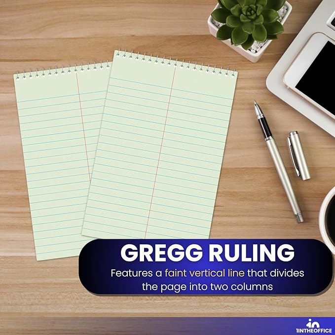 1InTheOffice Steno Pads 6x9, Steno Pads, Spiral Steno Pads, Gregg Rule, Green Tint, 6 x 9, 80 Sheets, 6/Pack
