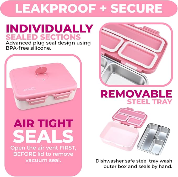 kinsho Stainless Steel Bento Box Lunch Container for Kids Adults, Pink | Heavy Duty, Leakproof Silicone Seals, Eco Metal Removable Tray, Easy-Clean Design, for School or Work Meals, 26 Oz/790 mL