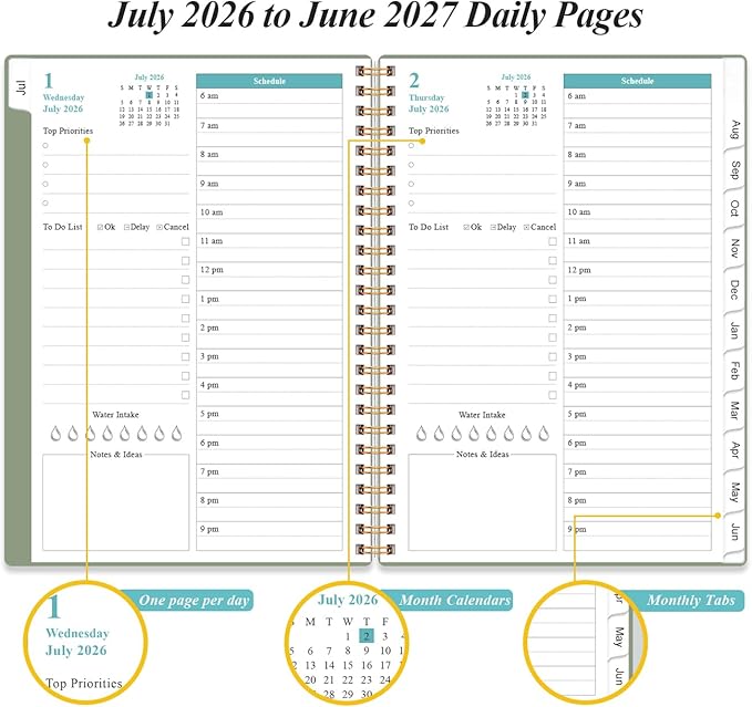 2026-2027 Daily & Monthly Planner - One Page Per Day, Daily Planner 2026 from July 2026 to June 2027, Planner 2026-2027 with 12 Monthly Tabs, 6.4" x 8.5", Green