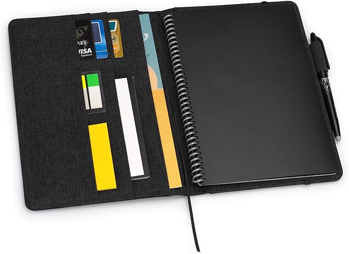 Folio Cover Compatible with Rocketbook Everlast, Wave, Fusion, Panda, A5 Portfolio Organizer with Pen Loop, Business Card Holder, Waterproof Fabric, Ribbon bookmark, Executive Size, Black