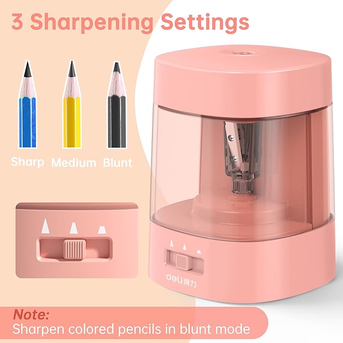 Deli Electric Pencil Sharpener, Automatic Pencil Sharpeners for No.2 Pencils Colored Pencils, USB & Battery Operated Pencil Sharpener for School, Home, Office, Classroom, Pink
