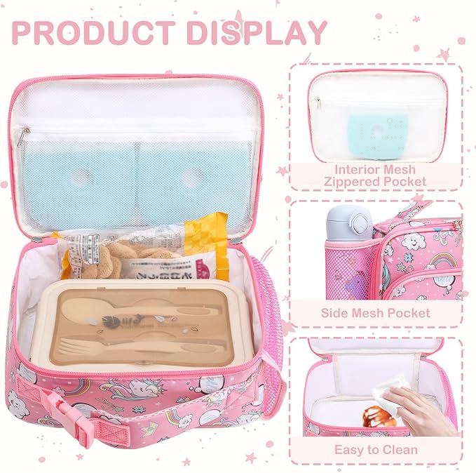 FlowFly Kids Lunch box Insulated Soft Bag Mini Cooler Back to School Thermal Meal Tote Kit for Girls, Boys, Rainbow