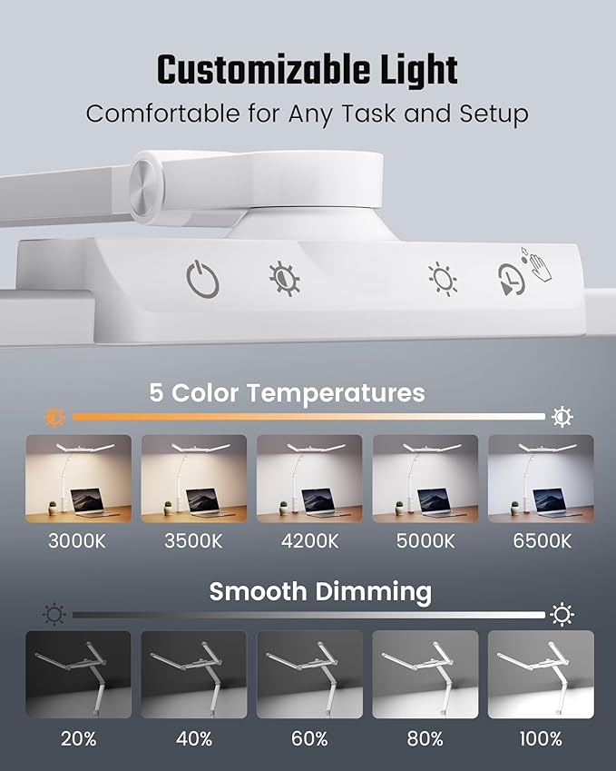 SUPERDANNY LED Desk Lamp with Power Strip (6 Outlets, 1 USB, 1 Type-C) for Home Office, Desk Light Computer Light with Clamp, Architect Desk Lamp with Smooth Dimming 5 Colors (White)