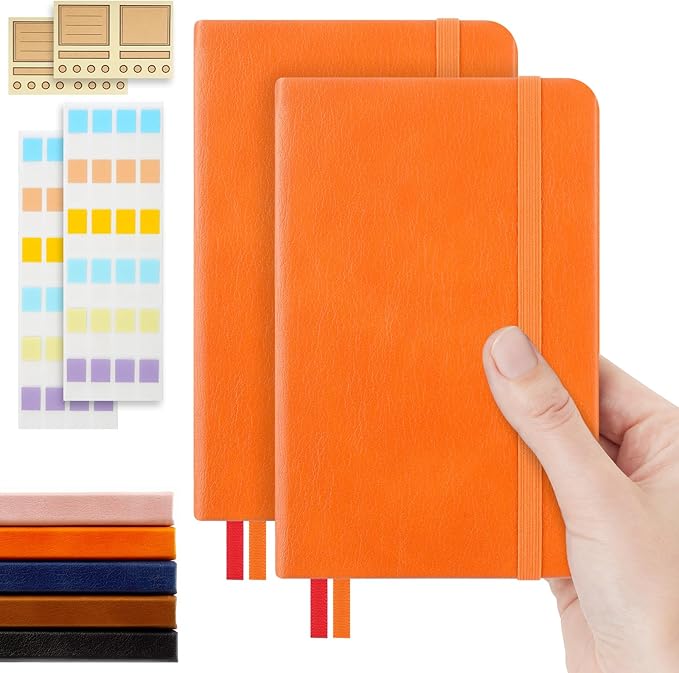 MicroSpark Pocket Dotted Notebook, 2-Pack Dot Grid Notebook, Dotted Journal with Stickers, 3.5" x 5.5" Hardcover, Small Mini A6 size, 160 Pages, 100 gsm Thick Paper (Orange)