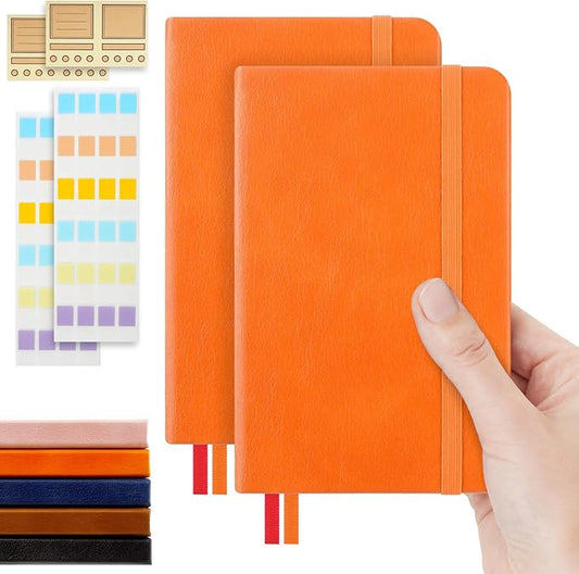 MicroSpark Pocket Dotted Notebook, 2-Pack Dot Grid Notebook, Dotted Journal with Stickers, 3.5" x 5.5" Hardcover, Small Mini A6 size, 160 Pages, 100 gsm Thick Paper (Orange)
