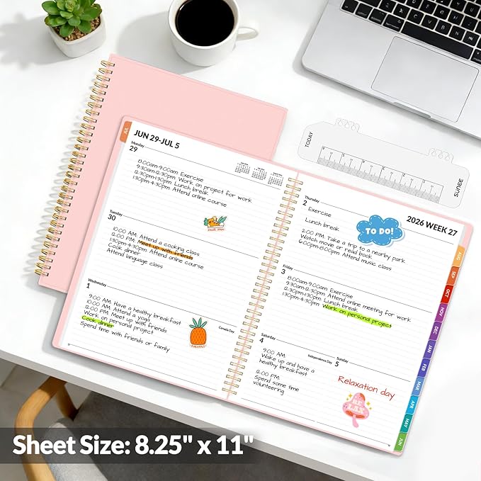 SUNEE Academic Planner 2026-2027 – Weekly & Monthly Planner, July 2026 to June 2027, 8.5"x11", Thick Paper, Tabs, Pockets, Bookmark, Spiral-Bound, Student Teacher Organizer, Pink