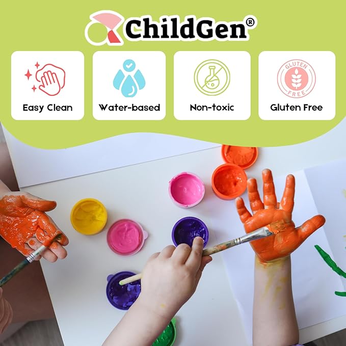 ChildGen Washable Finger Paint Set for Kids, 6 Bright Non-Toxic Colors – Safe, Easy Clean, Arts & Crafts Paint for Toddlers & Children