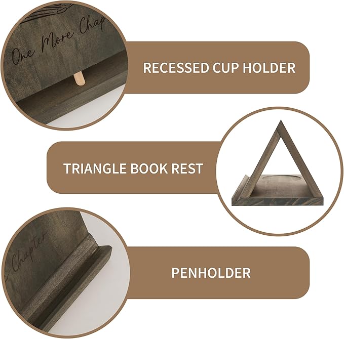 LITIVY Wooden Book Holder with Drink Holder, Wooden Triangle Bookmark Reading Rest with Slotted, Book Display Bookmark Book Holder Decor for Coffee and Book Lover Gifts (Greenish Gray)