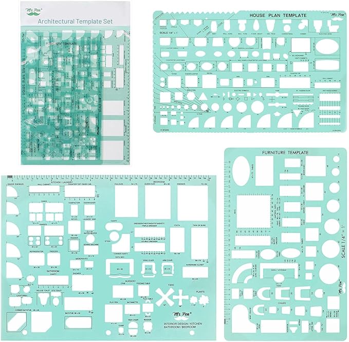 Mr. Pen- House Plan, 3 pcs, Interior Design and Furniture Templates, Clear Flexible Plastic, Drafting Tools, Ruler Shapes for Architecture, 1/4 Inch Scale, Kitchen, Bath, Bedroom, Office, Living Room