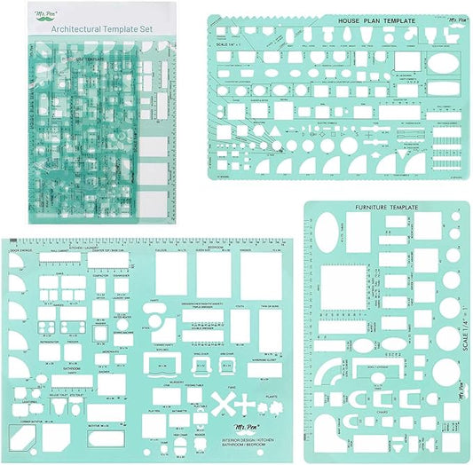 Mr. Pen- House Plan, 3 pcs, Interior Design and Furniture Templates, Clear Flexible Plastic, Drafting Tools, Ruler Shapes for Architecture, 1/4 Inch Scale, Kitchen, Bath, Bedroom, Office, Living Room