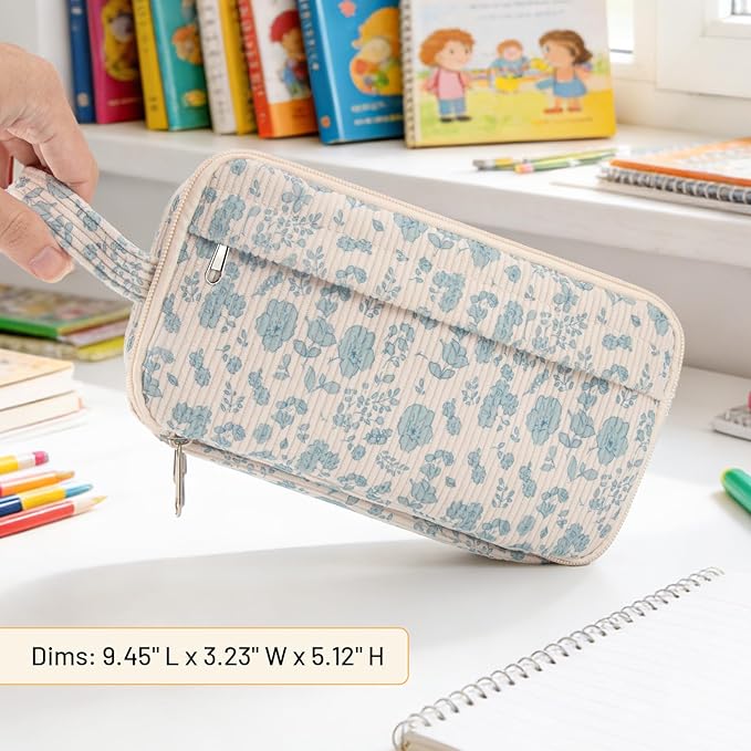 Cute Corduroy Pencil Case with Handle, Extra Large 4 Compartment Multiple Pockets Aesthetic Pencil Pouch Organizer for Teen Girls, School & College Supplies (Cherry)