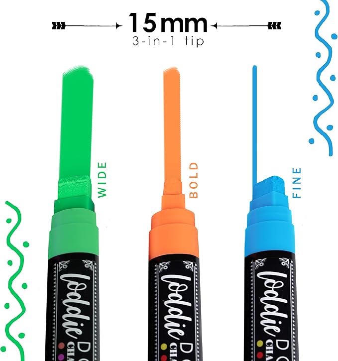 Loddie Doddie Jumbo Chalkboard Markers - 8 Pack, Multicolor, 15 mm Chisel Tip - Easy Erase Smudge Proof Chalk Markers - Bold Bright Colors For Chalk Art - Versatile Dry Erase Pens for Glass