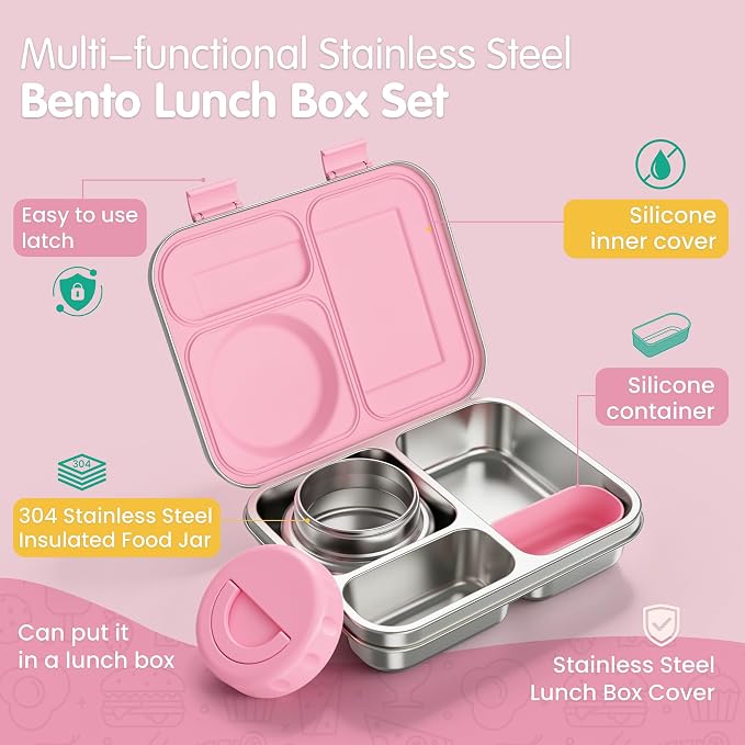 Stainless Steel Bento Box Kids Adult with 8oz Soup Thermo, 3 Compartments Metal Bento Lunch Box with Insulated Food Jar,Lunch Box Container Sauce Cup for School,BPA-Free(Pink)