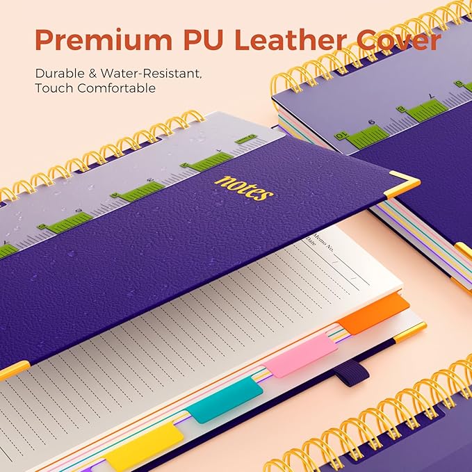 XYark A4 Hardcover Spiral Notebook, 8.5"x11" College Ruled Notebooks with Removable Dividers Tabs & Ruler, 5 Subject Notebook 300 Pages, Large Lined Journal for Women Men School Work Office, Purple