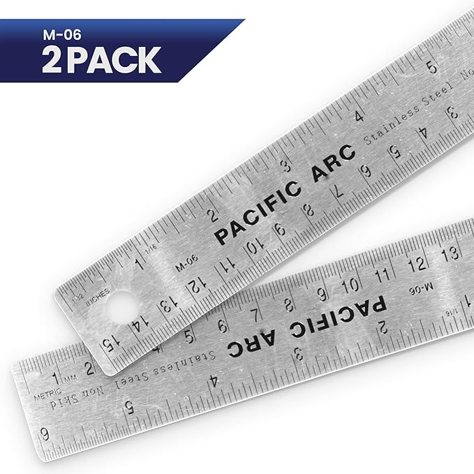 2 Pack | Pacific Arc Stainless Steel 6 Inch Metal Ruler Non-Slip Cork Back, with Inch and Metric Graduations