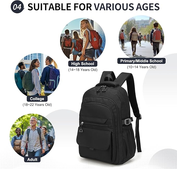 Aesthetic Daypack Backpack, Water-Resistant 15.6" Laptop Backpack for Women and Men, Featuring Touch-Fastener and Anti-Theft Pockets (Black)