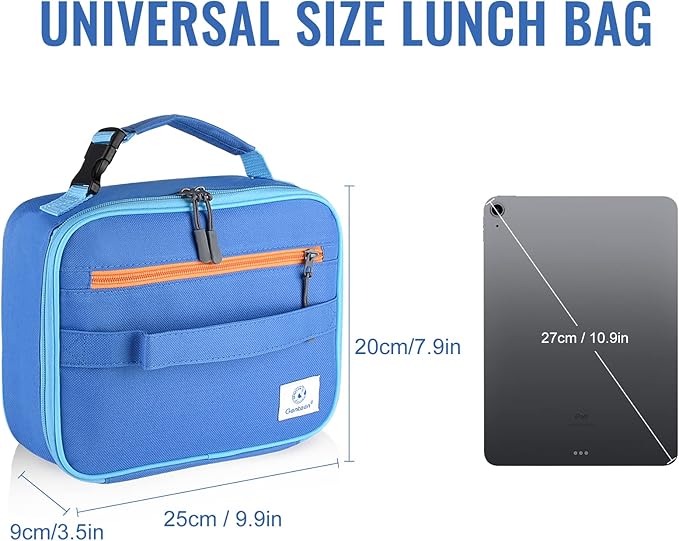 Genteen 2 Packs Insulated Soft Lunch Bag With Double Zipper - Sturdy, Freezable and Reusable for Kids, Men - For School, Work, Outdoor (B-2pk Blue+Orange)