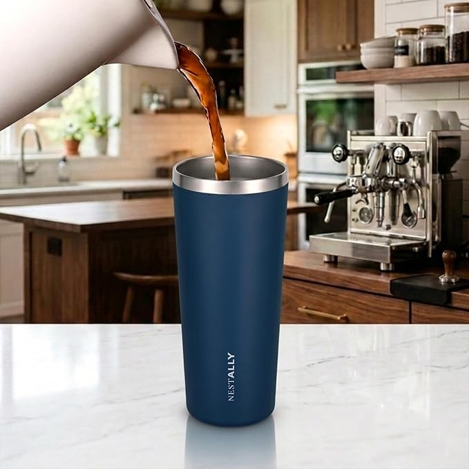 NESTALLY Coast 20oz Stainless Steel Tumbler, Extra Capacity Holds Up to 22oz, Double Wall Vacuum Insulated Travel Coffee Mug with Lid & Metal Straw, Leakproof Reusable Cup for Travel (Navy Blue)
