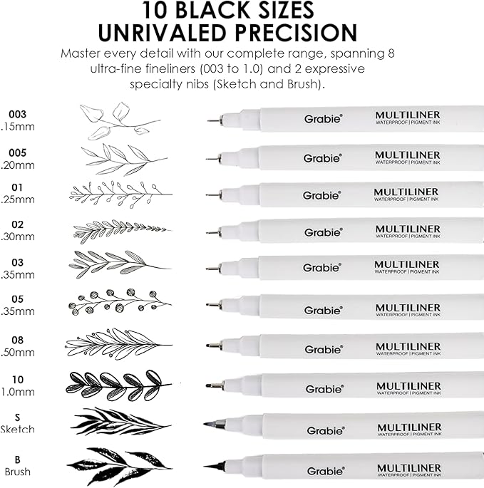 Grabie Micro Finerliner Pens, 20 Multicolor Fine Line Waterproof Drawing Pens, Assorted Point Sizes for Sketching, Illustration, Journaling, Art Supplies