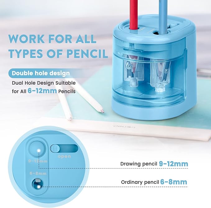 Eagle Electric Pencil Sharpener, Battery or USB Operated, Dual Holes, Dual Blades, fit for Pencils of Size 6-8mm and 9-12mm (Blue)