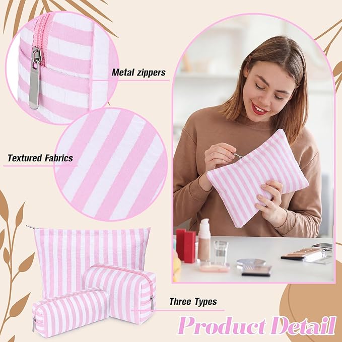 Huhumy 3 Pcs Makeup Bag Set Cute Cosmetic Pouch for Women Aesthetic Seersucker Travel Toiletry Bag Set Preppy Small Makeup Purse Pouch Wide Stripe Cosmetic Organizer Pencil Case with Zipper(Pink)