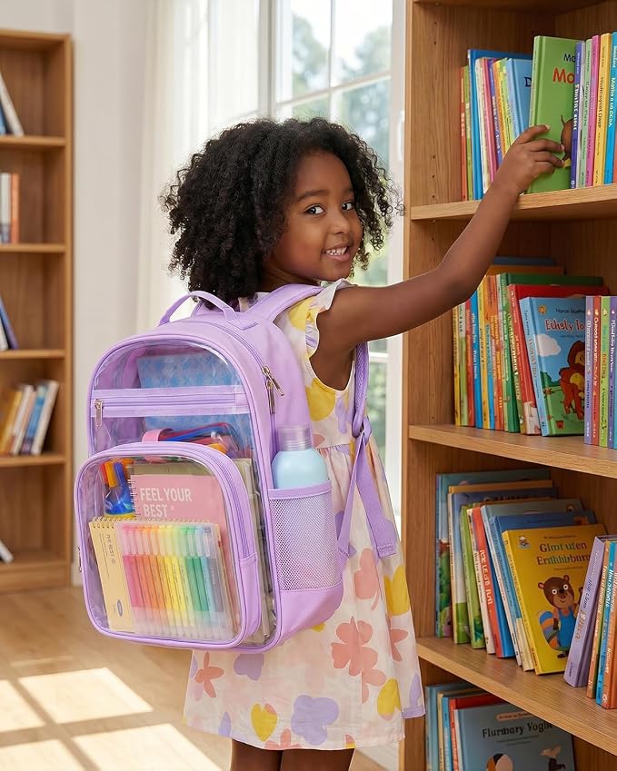 Soimeat Clear Backpack for Girls Boys - Kids Clear Bookbag - Fabric & PVC Transparent Backpacks for Elementary School, Purple