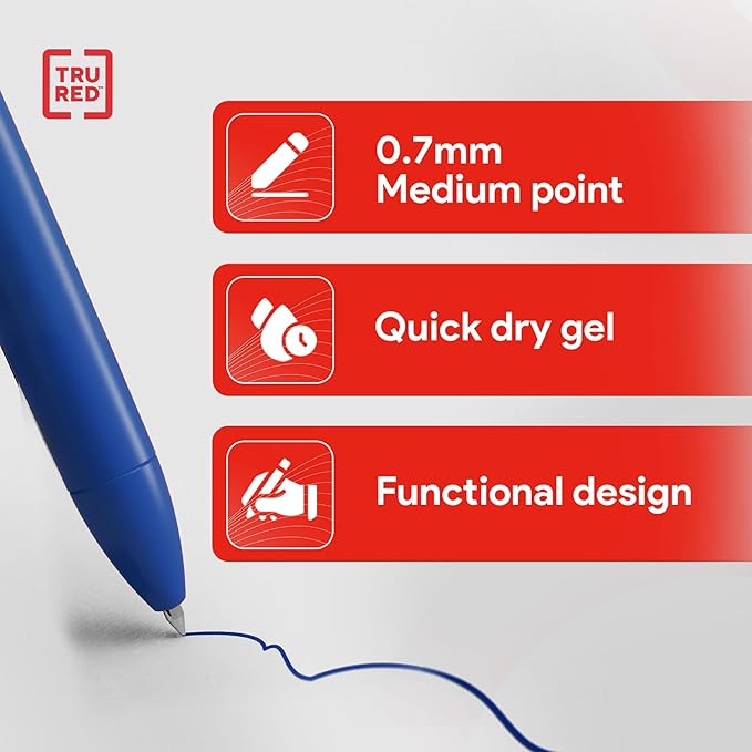 Staples TRU RED Retractable Gel Pens, Medium Point 0.7mm, Blue Ink, 12 Pack - Quick-Dry Pens for Smooth, Smear-Free Writing