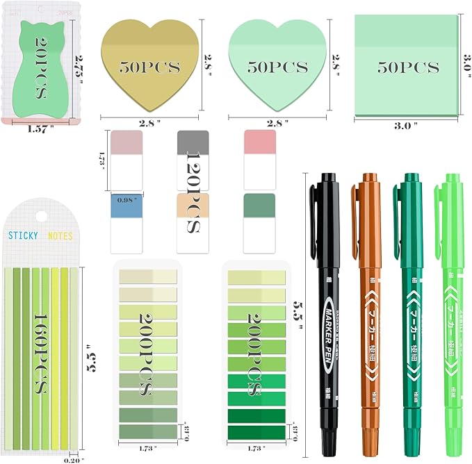 BAYTORY 850 Sheets Transparent Sticky Notes with Permanent Markers, Clear 3 x 3 inch Sticky Note to Post Book Annotation Kit, See Through Self-Adhesive Index Tabs for Bible Journaling (Green)