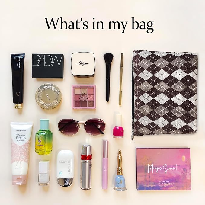 STARDW Checkered Makeup Bag Cosmetic Travel Bag, Toiletry Bag for Women | Canvas Lined Makeup Pouch for Skincare, Brushes, Toiletries & Travel Essentials, Cute Purse Organizer Pouches with Zipper
