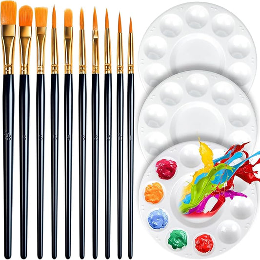 FANDAMEI Round Paint Tray Palettes and Paint Brushes Set, Paintbrushes, 3 PCS Plastic Paint Palettes Pallets, 10 PCS Acrylic Paint Brushes, Nylon Hair Painting Brushes, for Acrylic Oil Watercolor